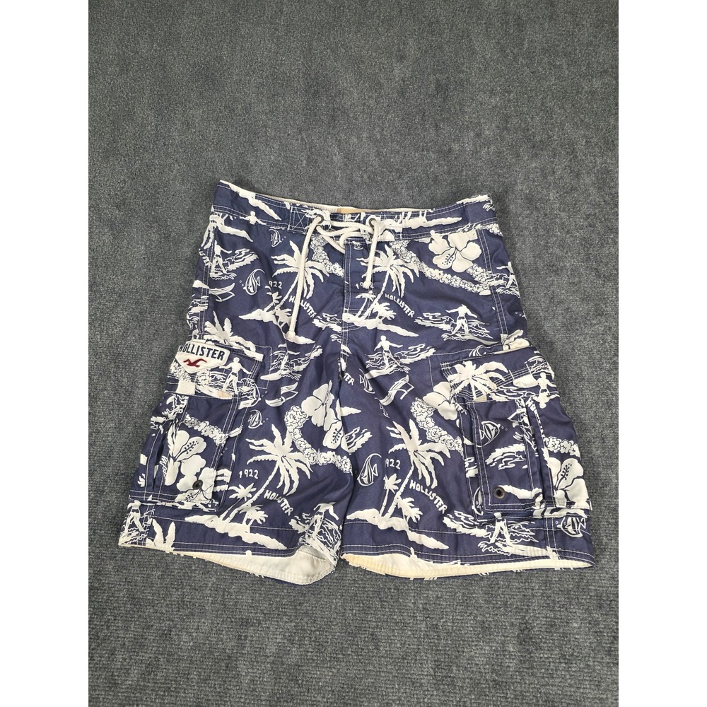 Hollister Mens Board Shorts Navy‎ Blue Tropical Hawaiian Cargo Swim Trunks Large